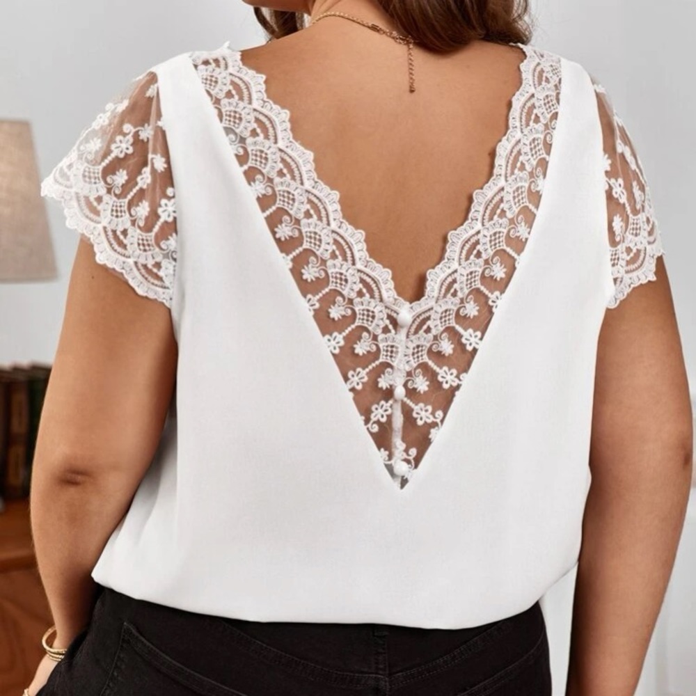 Plus size luxe contrast embroidered lace mesh blouse - Picture 7 of 16